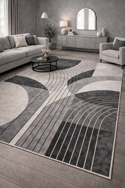 GNL HOME Geometrik Dalga Desenli Djital Baskı,Kaymaz Taban, Yıkanabilir Salon...