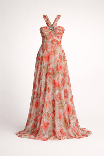 Julidress Chiffon and Satin Crystal Brooch Strap Maxi Long Premium Evening Go...