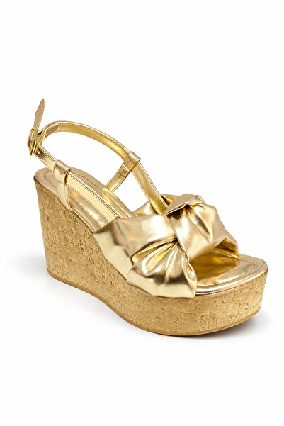 guijarro Premium Gold Color Knot Detailed High Wedge Heel Pack Women's Sandal...