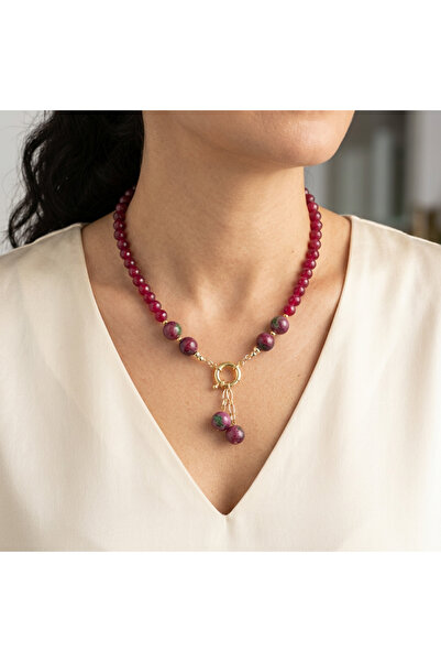 elinasaccessories Doğal Akik ve Kuvars Kolye – Kırmızı Doğal Taş Kolye 14k Al...