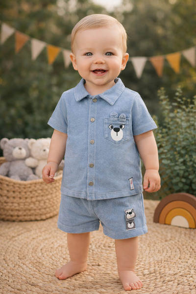 Baby Buu Kulak detaylı Erkek Bebek Denim kot gömlek şort takım 6-9Ay, 9-12Ay,...