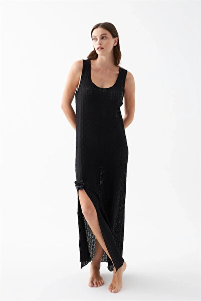 mtm My The Mall Women's Black Lace Textured Slit Long Nightgown – Elegant and...
