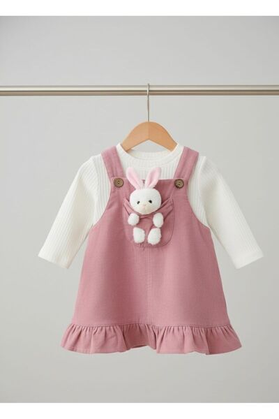 Egelite Kız Bebek Tavşancık Aksesuarlı, Keten Salopet Elbise ve Badili, 2 li,...
