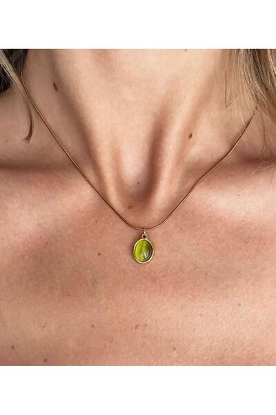 Lumiva accessories Kedi Gözü Taşlı Gold Renk 316L Paslanmaz Çelik Kadın Kolye