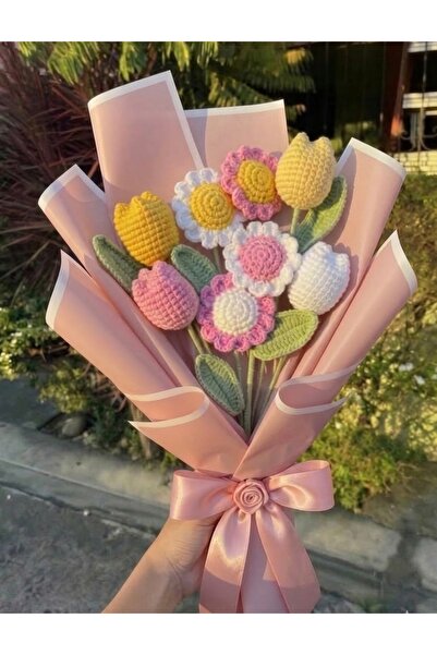 candleandgiftland Örgü Lale ve Papatya Çiçek Buketi - Asla Solmayan Şık Tasarım