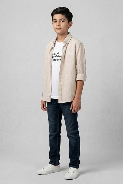 zubi kids طقم تي شيرت بدون جيوب من BUKEM كتان SOLUK BEIGE (11-16 سنة)