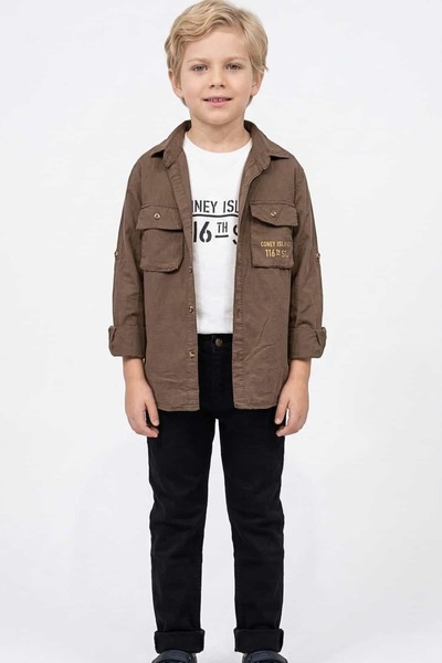 zubi kids Koçero Brown Shirt White T-Shirt Black Jeans 3-Piece Set (5-8 Years)