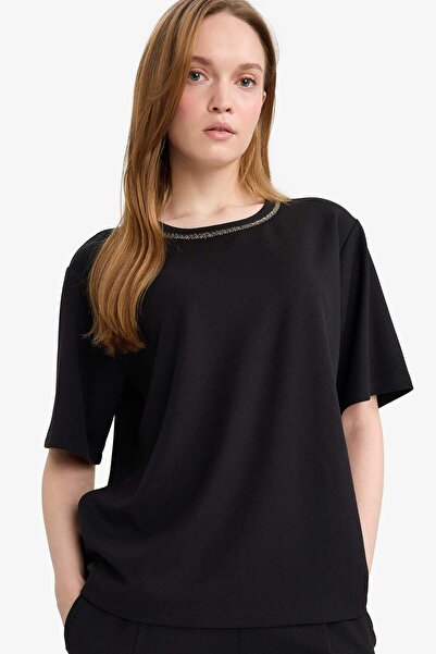 DeFacto Κανονική εφαρμογή Με κέντημα Κρεπ Μπλουζάκι E9894AX26SP