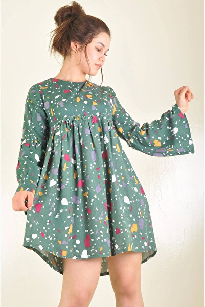 MERVE CO Desenli Önü Büzgülü Elbise/Tunik/Bluz