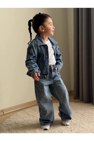 CHİCKİDSWEAR Set de blugi negri pentru fete - Set cu detalii strălucitoare di...