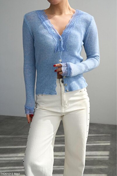 CADDELAMODA V-Neck Lace Detailed Premium Sheer Cardigan