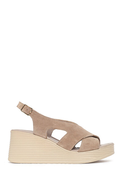 Derimod Women's Mink Backless Buckled Wedge Heel Suede Leather Sandals 26Sfd1...