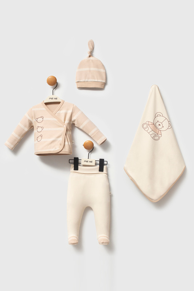 Moi Noi "My Bear" Collection 4-Piece Bodysuit & Blanket Set - Beige/Ecru