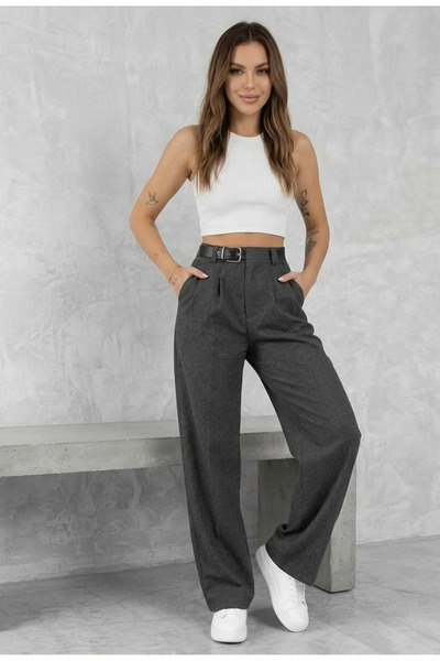 MAİMODA Women's Buckle Detail Fabric Palazzo Pants with Buckle Detail