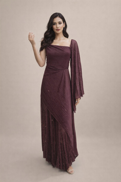 TOP BERLANTY A pleated evening dress with an off-the-shoulder design – a glam...