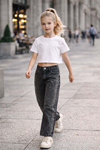 Lolliboomkids Devojčice Sa kamenim detaljima farmerke širokih nogavica sjajne...