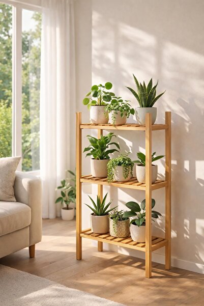 Exent Dekoratif 3 Raflı Doğal Ahşap Çiçeklik, Saksılık, Kayın Ahşap Çok Amaçl...