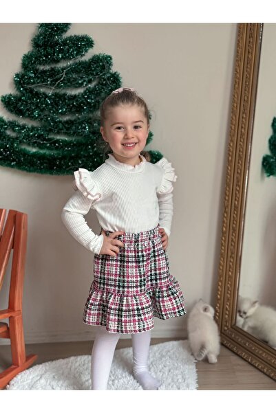 MeaShop Girl's Ruffled Sleeve Bodysuit and Tweed Skirt Top and Bottom Set