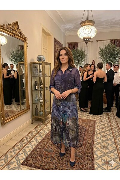 AYASOFYA OTANTIK Дамска рокля с дълги ръкави от коприна с италиански батик мотив