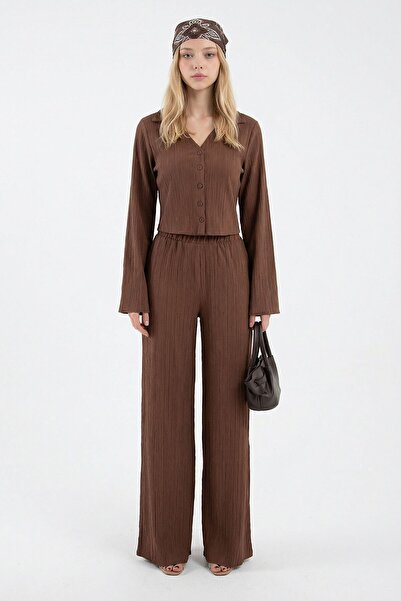bacc Bluză cu guler și detalii cu nasturi, maro închis, și pantaloni palazzo set
