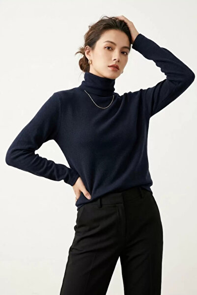 Giyimodam Women's Navy Blue Cotton Pack High Neck Turtleneck Brushed Inside S...