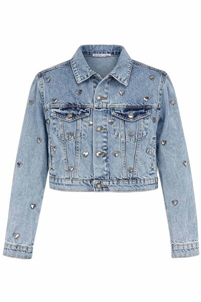 Miss Poem Women's Blue Heart Stone Detailed Cropped Jean Jacket