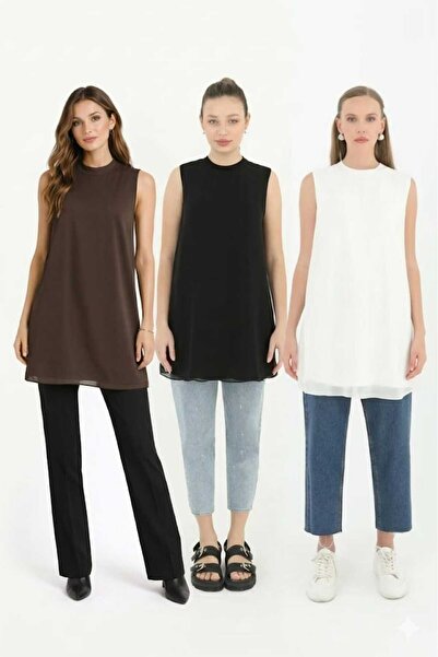 Puane Women's Brown + Black + Ecru Colors 3-Piece Set Sleeveless Chiffon Deta...