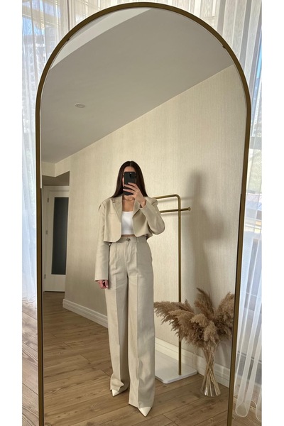 Butik Duygu Şakiroğlu Taş Rengi Keten Takım