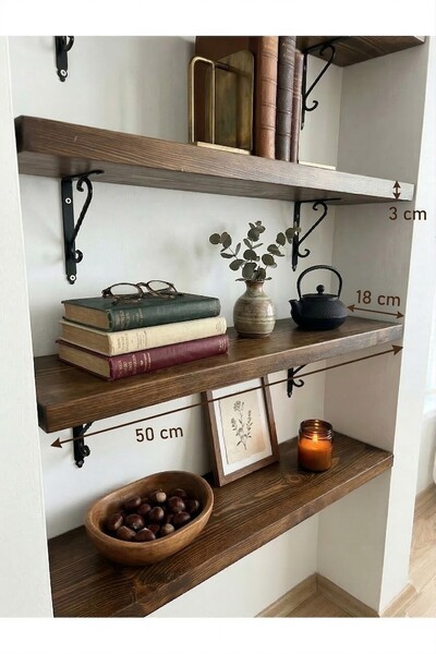 mutoz Masif Ahşap Duvar Rafı - Rustik Dekoratif Kitaplık