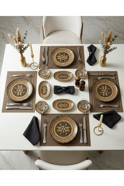 LAVİNİA Bonna Mezopotamya Mozaik Siyah 4 Kişilik Kahvaltı Takımı-12 Parça-Çay...