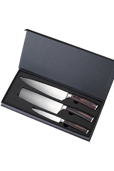 Klyte 3-Piece Chef Knife Set, Damascus-Style Blades & Ergonomic Wooden Handle...