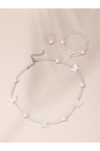 Take Two By Styli مجموعة من 3 قطع - قلادة مرصّع بالخرز فراشة وردية مع سوار وأ...