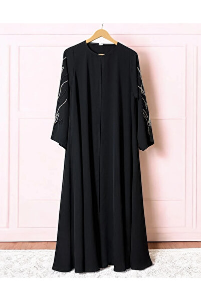 1way عباية كويتية فاخرة بخامة الإنترنت مع تطريز فضي وأسود