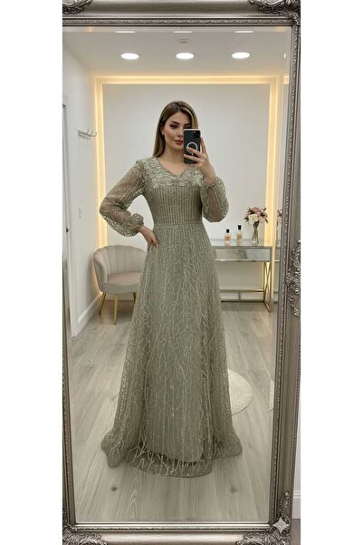 Mesk dresses Elegant olive-colored evening dress embroidered with crystals