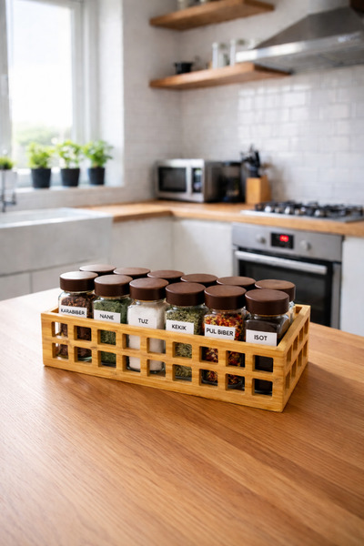 Paşabahçe Bambu Standlı 12'li Akasya Kapaklı Etiket Hediyeli Kare Baharatlık ...