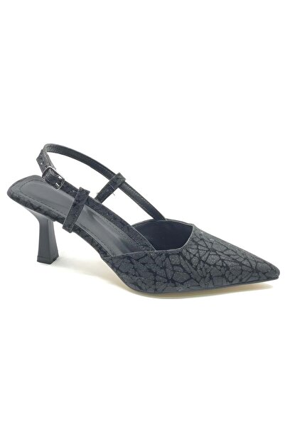 KCMN Mehtap Wrinkled Open Back Stiletto Women's Heeled Shoes Black