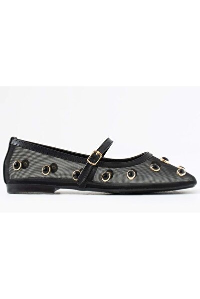 KCMN Feles Belt Buckle Stone Detailed Mesh Women's Ballet Flats Shoes Black