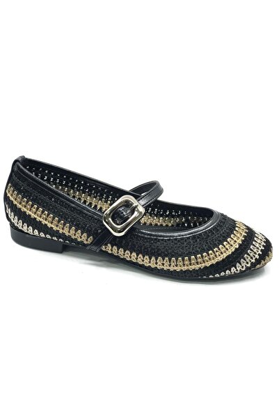 KCMN Feles Belt Buckle Straw Detailed Women's Ballet Flats Shoes Black