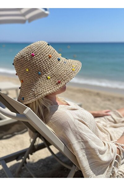 Trend Şapka 19026 Ψάθινο καπέλο σε χρώμα καμηλό με λεπτομέρεια από χάντρες, π...