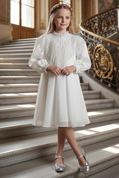 Riccotarz Girl's Pleated Chiffon White Dress with Ruffled Collar and Diamond-...
