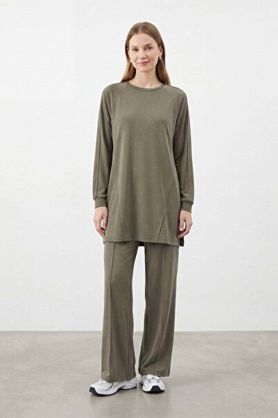 Puane Women's Long Tunic and Trousers Two-Piece Set – 14473Tks - Khaki