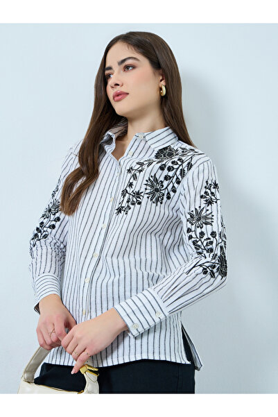 Styli Floral Embroidered Stripe Long Sleeve Shirt