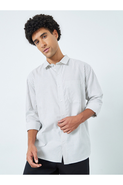 Styli Men White Relaxed Fit Cotton Striped Shirt