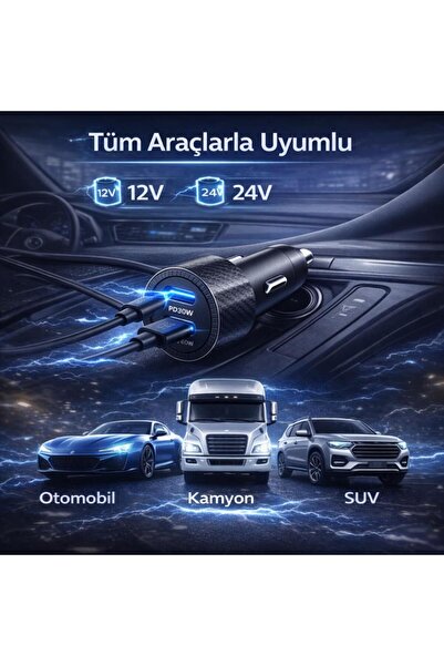 coofbe Şarj Akım Korumalı 60W 2 Portlu Araç Şarj Aleti Araç Çakmaklık Şarj Aleti 2xType-C Giriş 12V