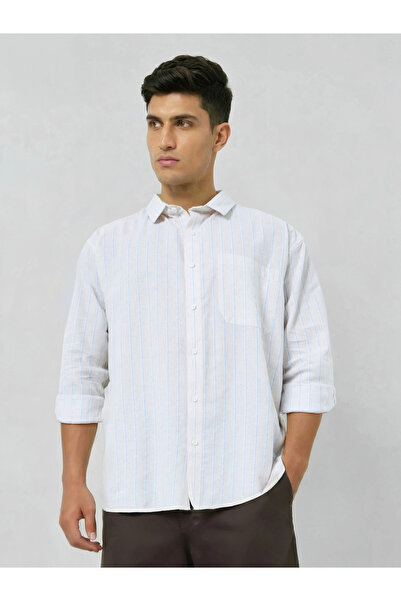 Styli Men White Relaxed Fit Striped Cotton Shirt