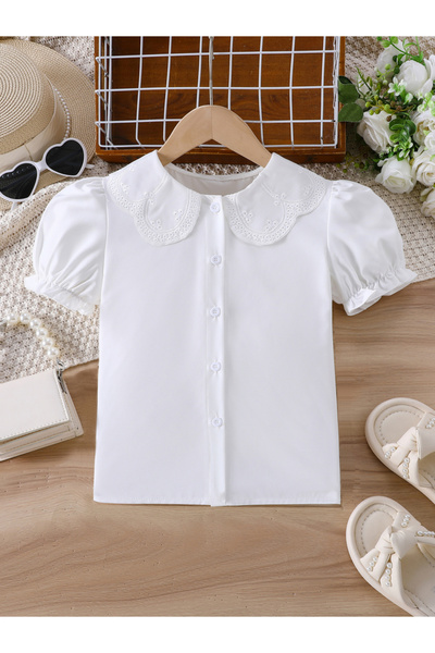 Take Two By Styli Girls White Peter Pan Collar Puff Sleeve Shirt