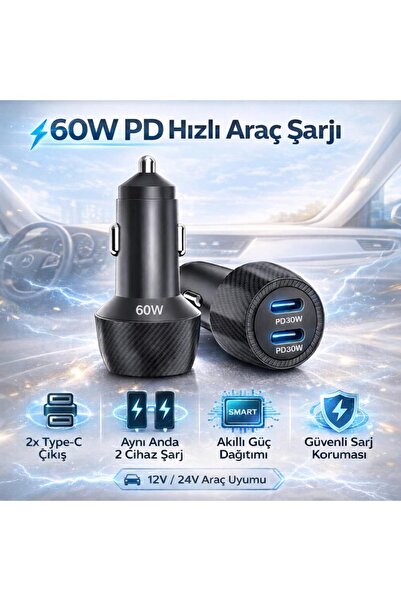 coofbe Şarj Akım Korumalı 60W 2 Portlu Araç Şarj Aleti Araç Çakmaklık Şarj Aleti 2xType-C Giriş 12V