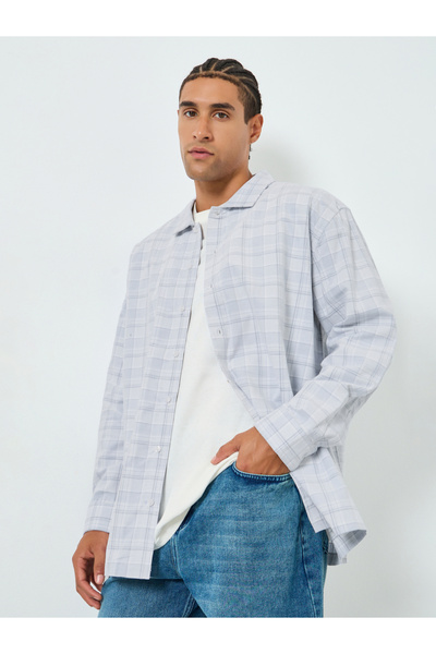 Styli Men Blue Oversized Checked Cotton Shirt