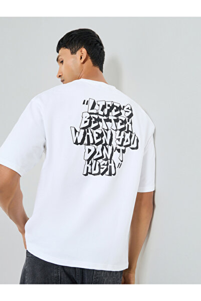 Styli Men White Graphic Print Cotton Oversized T-Shirt