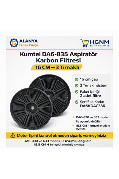 HGNM E Trading Kumtel DA6-835 Lotus Aspiratör Karbon Filtresi 16 cm 3 Tırnakl...